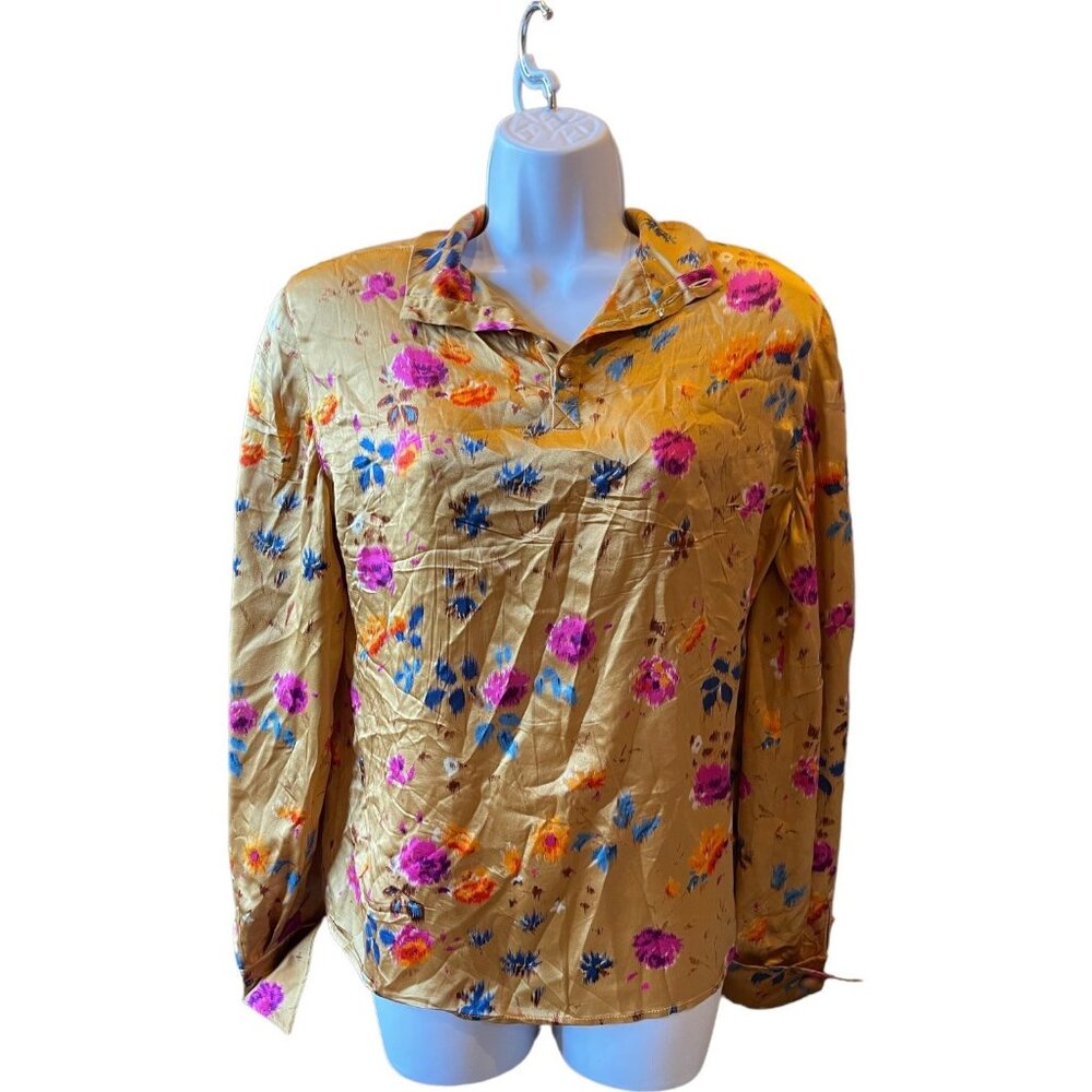 Vintage Boutique Floral Button-Up Blouse With Collar & Long Sleeves